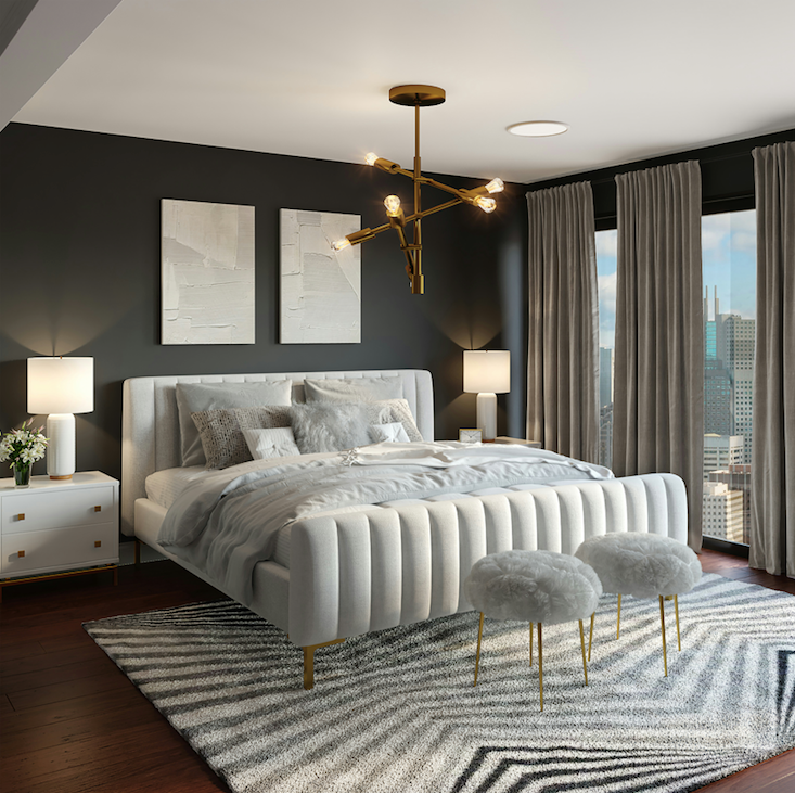 Elegant bedroom with plush bedding, chic lighting, and luxury décor by Homepressions.com.