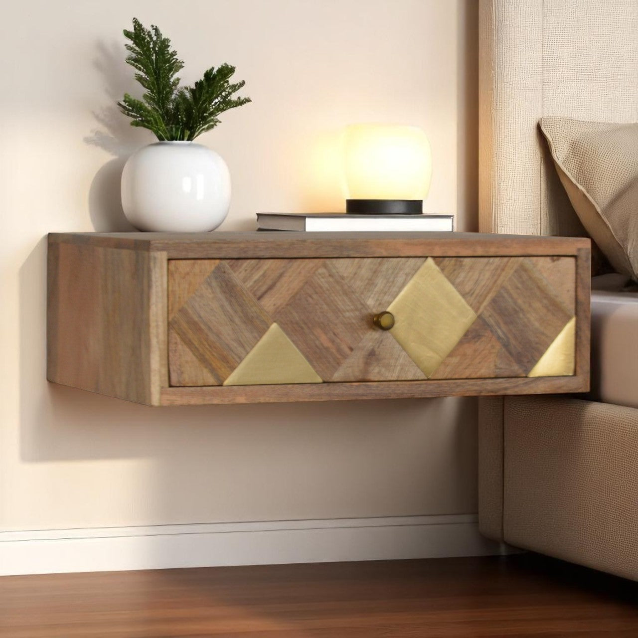 Brass Mosaic Wall Nightstand purchased at Homepressions.com